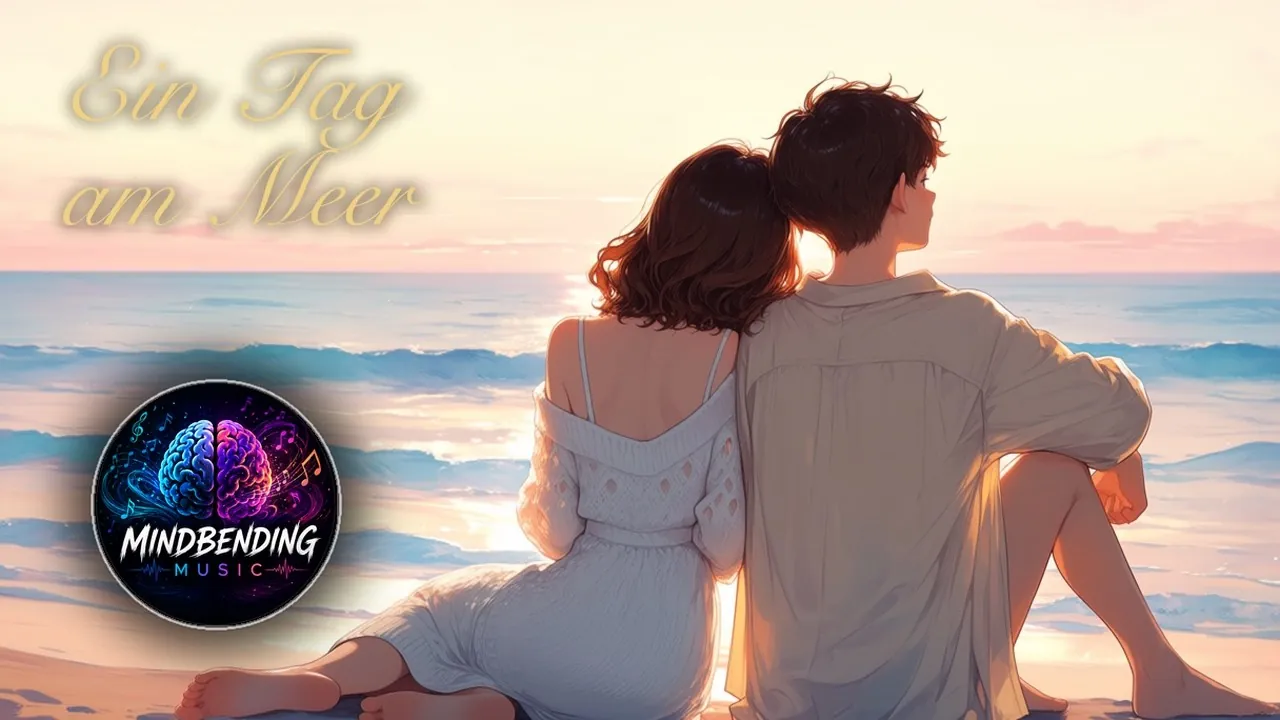 Cover-Artwork des Releases „Ein Tag am Meer“: zwei Menschen sitzen nebeneinander am Strand und blicken aufs Meer im warmen Abendlicht