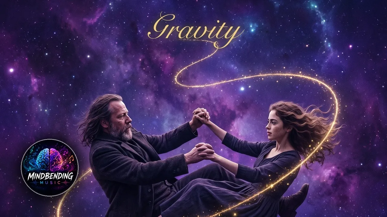 Cover-Artwork des Releases „Gravity“: ein Mann und eine Frau schweben Hand in Hand durch einen leuchtenden violetten Sternennebel