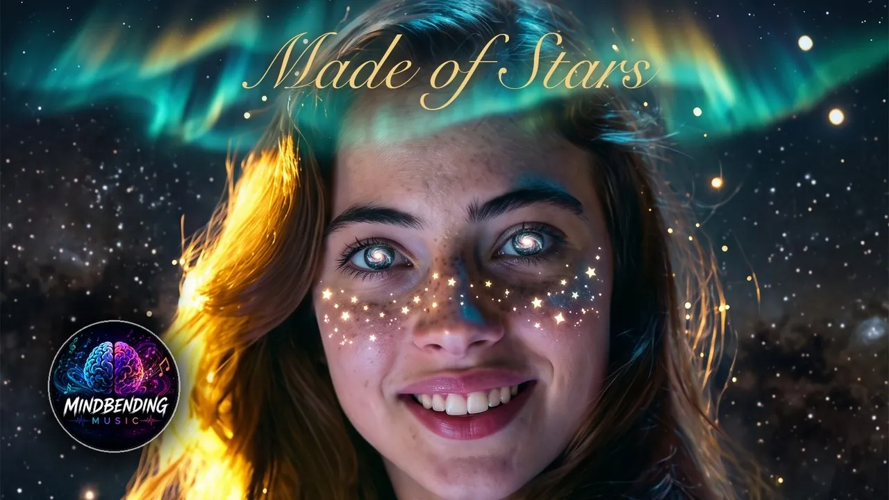Cover-Artwork des Releases „Made of Stars“: eine lächelnde junge Frau unter dem Sternenhimmel, ihre Sommersprossen leuchten wie kleine Sterne, darüber tanzt ein grünes Polarlicht