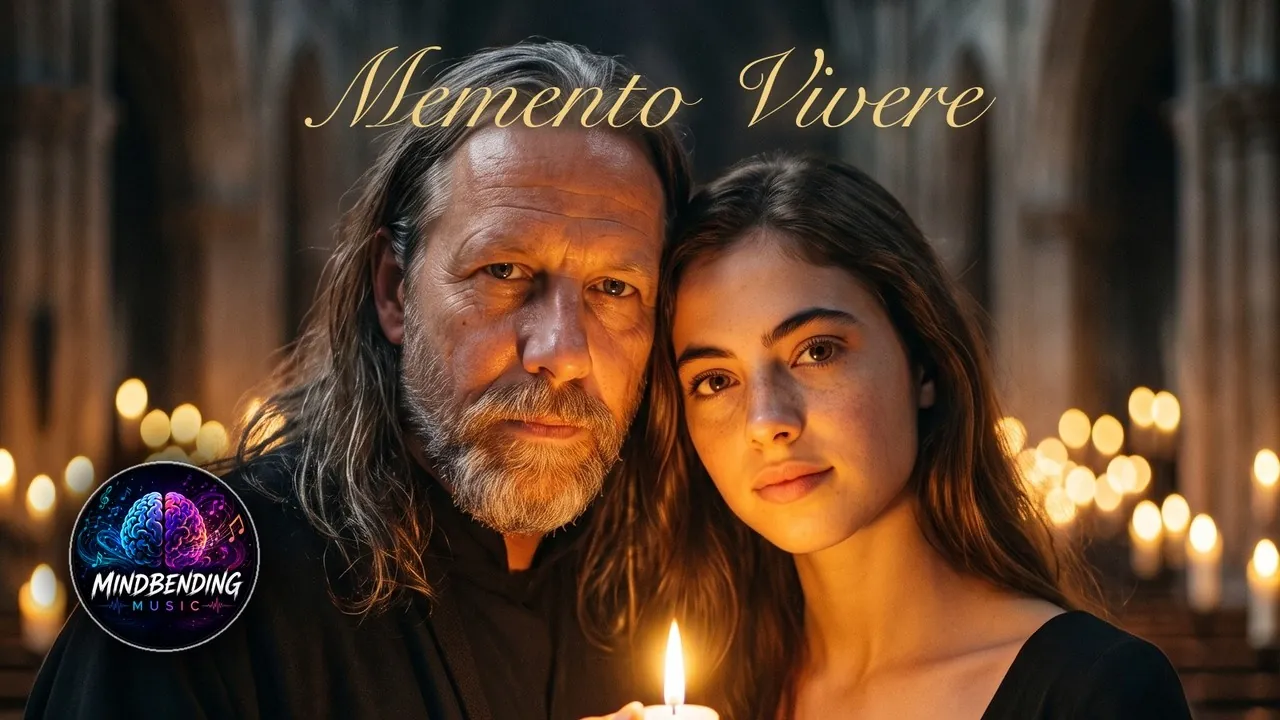 Cover: Memento Vivere, ein Mann und eine junge Frau in einer Kathedrale voller Kerzen, zwischen ihnen eine einzelne Flamme