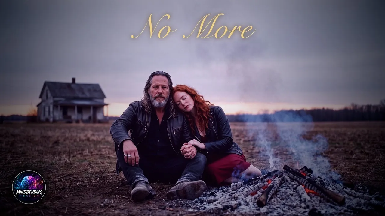 Cover: No More, ein Mann mit langem grauem Haar und eine rothaarige Frau in Lederjacken Hand in Hand auf einem Feld neben der Glut eines Feuers