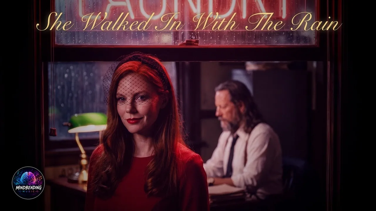 Cover: She Walked In With The Rain, eine Frau in rotem Kleid mit Schleier im Regen vor den Lichtern einer Stadt bei Nacht