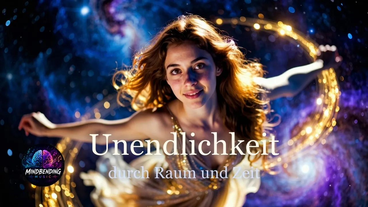 Cover-Artwork des Releases „Unendlichkeit durch Raum und Zeit“: eine Gestalt, die mit goldenen Lichtspuren schwerelos durch einen Sternenkosmos fliegt